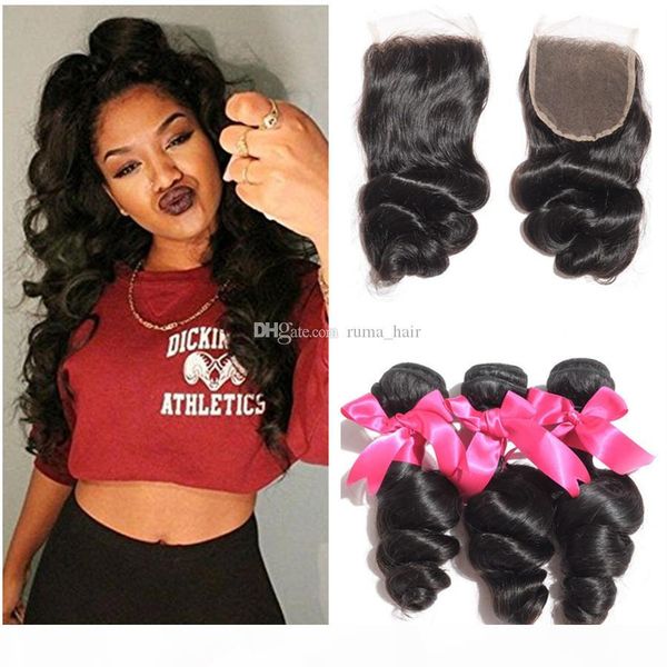 

new arrive loose deep wave human hair bundles with lace closure natural color loose wave hair wefts with swiss lace closure, Black;brown