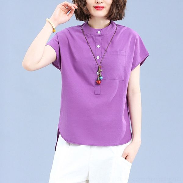 

zyksh art loose splicing solid color hemp stand short and sleeve cotton collar linent-shirt cotton linent-shirt women's versatile 202, White