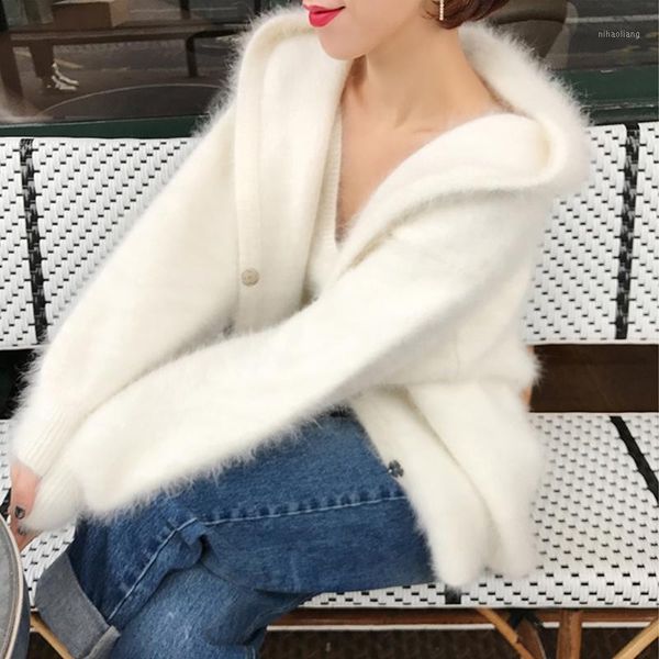 

women's knits & tees hooded classical knitted pure genuine mink cashmere sweater coat natural 2021 soft winter autumn cardigans with ho, White