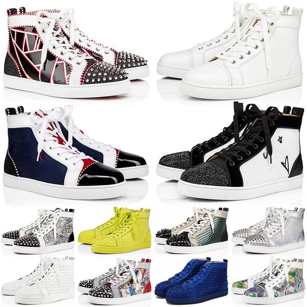 

sneakers red bottom shoe fashion high cut suede spike trainer mens womens luxurys crystal glitter leather platform casual shoes, Black