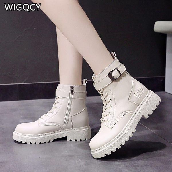 

2020 autumn winter new martin boots women's fashion thick-soled increased side zipper casual lace-up women's mid-boot, Black