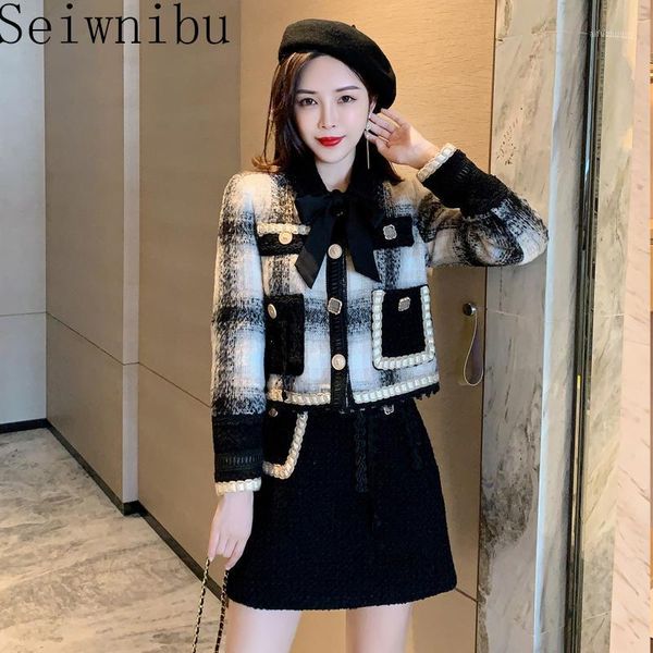 

2020fw fashion new women luxury bow plaid jacket coat + a-line skirt female casual suits 2 piece sets1, Gray