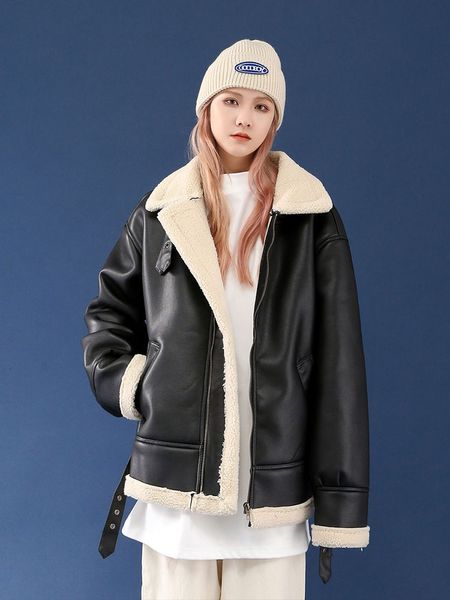 

2021 new casual oversize warm jackets women's winter new lamb wool thickened stand collar coat clothing x7th, Black;brown