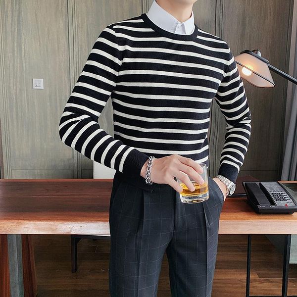 

men's sweaters autumn winter casual knit men striped fashion round collar slim fit gentlemen pullovers pull homme 3xl, White;black