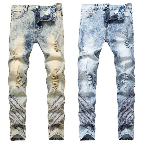 

light color nostalgic men's tide large size embroidered hole straight stretch jeans, Blue