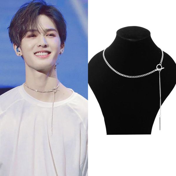 

pendant necklaces ot buckle korean kpop stainless steel necklace hip hop punk tide men and women long short streetwear jewelry, Silver