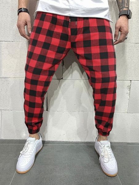 

men buffalo plaid print drawstring waist pants f9me#, Black