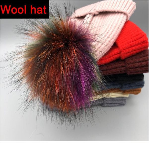 

winter spring hats women 100% natural multicolor fur pompoms hats fashion lady wool beanies skull womens bonnet qyljzq, Blue;gray