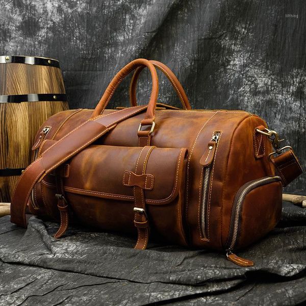 

vintage crazy horse leather travel bag with shoe pocket big capacity real leather weekend luuage bag large messenger1