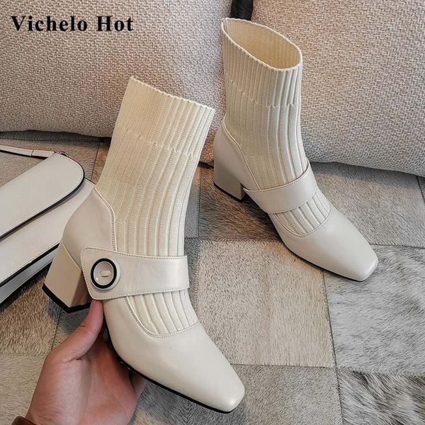 

vichelo french romantic knitting real leather button square toe high heel slip on beauty lady mature star mid-calf boots l35, Black
