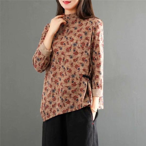 

irregular female & tee retro ethnic floral high-neck long sleeve t-shirt women's fall/winter new casual base blusas y501, White