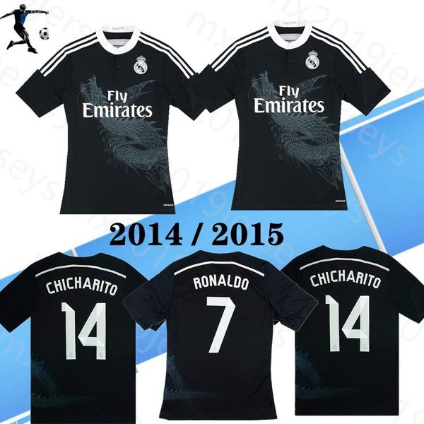 

2014/15 ретро реал третий черный короткие рукава футбол джерси sergio ramos бензема isco c.ronaldo модрич футбол рубашка на заказ uniform, Black;yellow