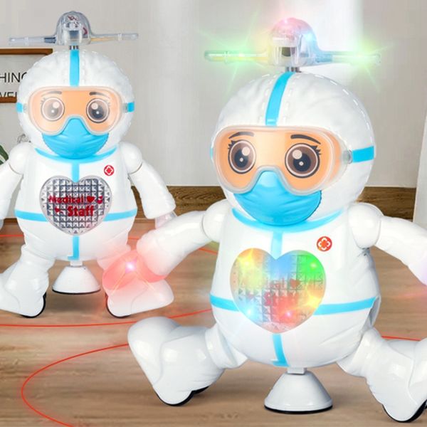 Montagem de brinquedos Robô elétrico de 360 ​​graus de dança giratória figuras de médico com música leve infantil bebê interativo rastreamento de carro robô de carro enfant