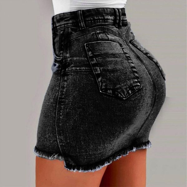 

womens denim short skirt women summer short jeans elastic waist zipper pockets stretch bodycon mini jeans 0318, Black