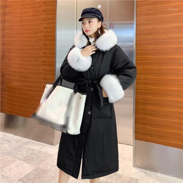 

women long winter white duck down fur collar jackets long sleeve faux fur warm coats solid hooded thick parkas outerwear1, Black