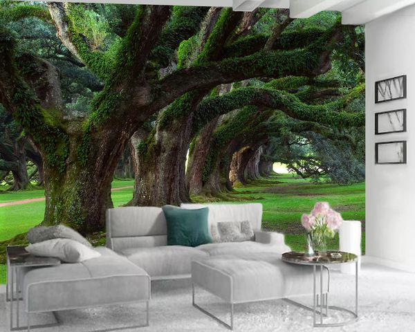 Landschaft 3D-Tapete, modernes Wandbild, 3D-Tapete, hohe alte Bäume, bedeckt mit Moos, 3D-Tapete für Wohnzimmer, individuelles Foto