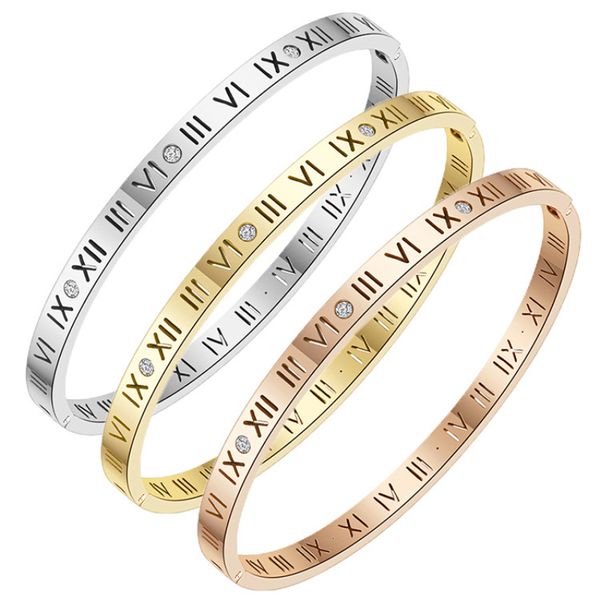 

women's roman digital titanium steel bracelet trend new hollowed letter couple bracelets rose gold nail diamond bangle women's jew, Black