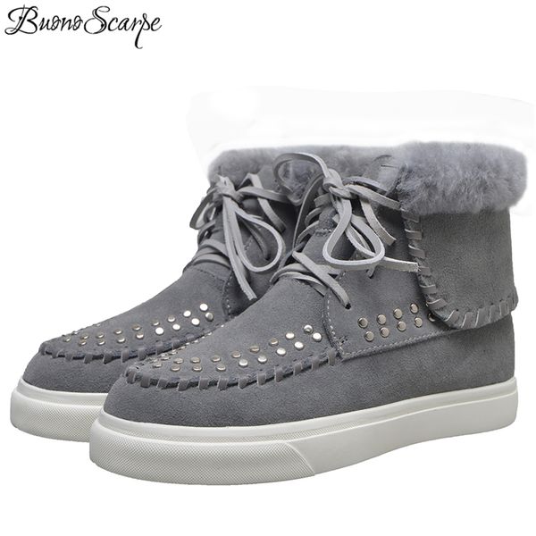 

winter fold women snow boots lace up rivets fluffy winter boots real wool warm ankle boots thick sole high botas, Black