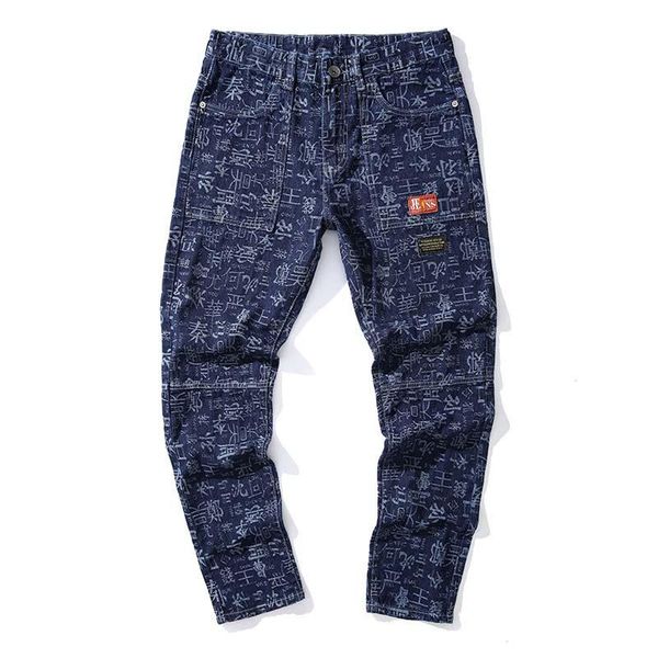 

men's jeans mcikkny men surname printed pants hip hop slim denim trousers male streetwear size 29-40, Blue