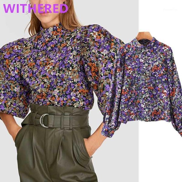 

women's blouses & shirts withered england vintage floral printing puff sleeve blouse women blusas mujer de moda 2021 kimono shirt women, White