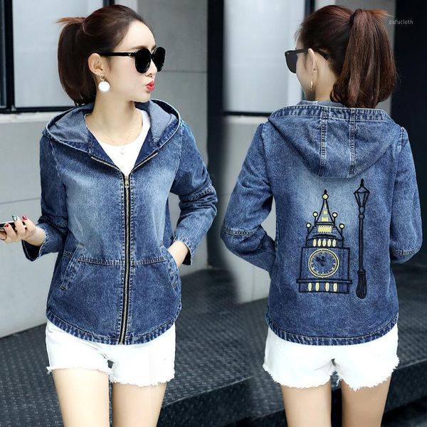 

autumn winter 2020 women embroidery jeans jacket korean long sleeves hooded zipper denim jacket femlale plus size windbreaker1, Black;brown