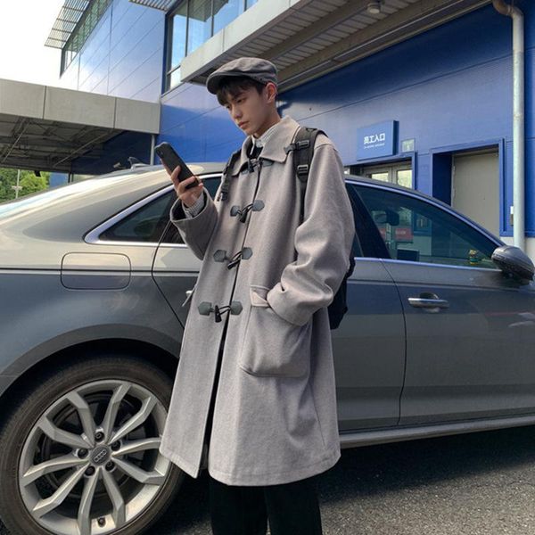 

men autumn winter new woolen coat loose hong kong wind trend in the long lovers leisure windbreaker, Tan;black