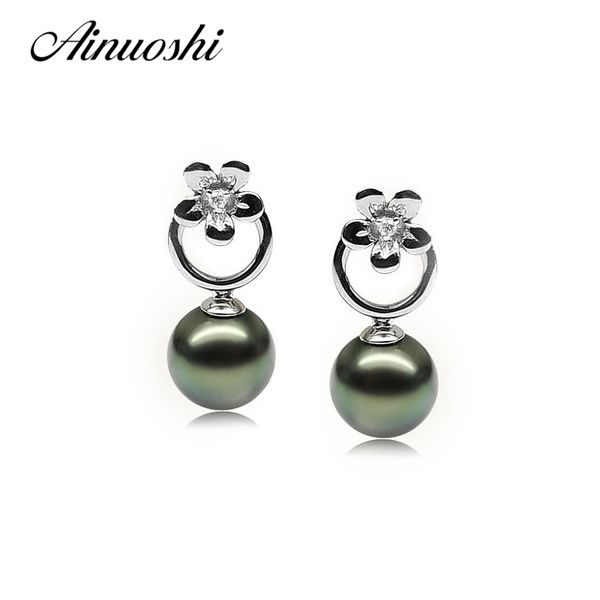 

ainuoshi 925 sterling silver flower shaped pearl earrings natural south sea black tahiti pearl round pearl drop earrings jewelry y200107