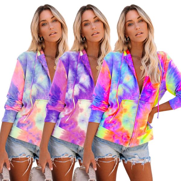 

zipper tie dye color 2020 new cardigan thin hooded women's sweater, Black;gray
