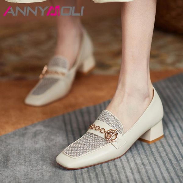 

annymoli woman shoes med heels genuine leather square toe pumps chain chunky heel shoes ladies footwear spring beige big size 40, Black