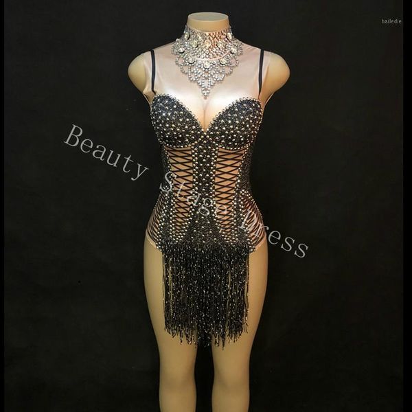 

women shining black tassel rhinestones glisten stones bodysuit nigthclub singer outfit one-piece dance costume stage show dj ds1, Black;white