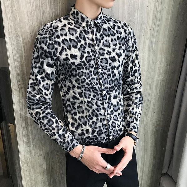 

2020 new style men's spring slim fit casual long-sleeved shirts/male leopard print lapel shirt plus size s-5xl, White;black