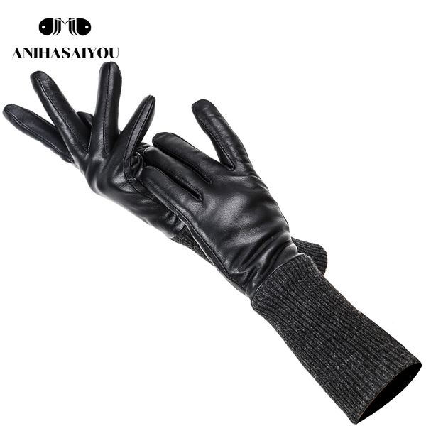 

leather fashion black long gloves, genuine keep warm good quality sheepskin women's gloves-7029