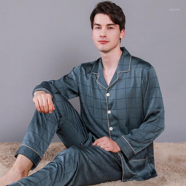 

autumn men's long-sleeved silk pajamas men clothing thin underwear home suit large size ice silk casual home wear piyama hombre1, Black;brown