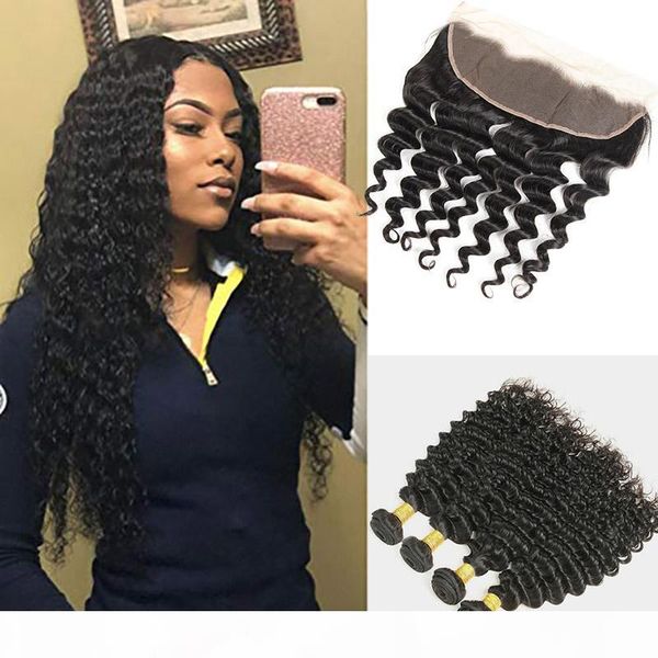 

indian 100% human hair bundles with 13x4 lace frontal 8-30inch deep wave ear to ear part lace frontal with hair extensions, Black;brown