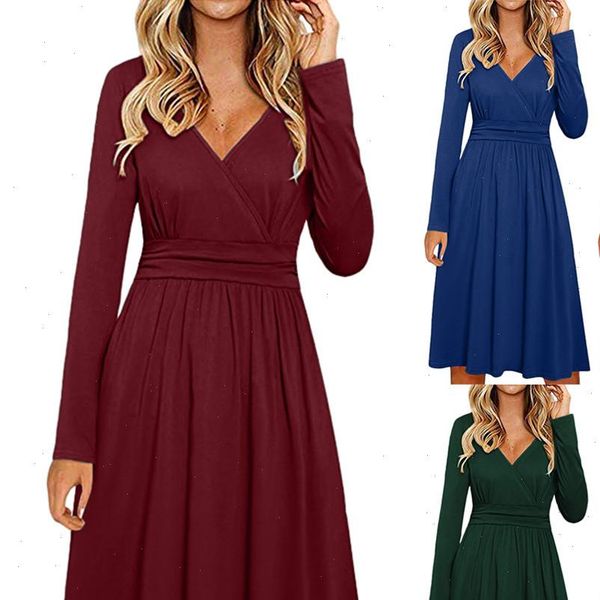 

womens long sleevewomens long sleeve v neck wrap slim solid color casual midi dress 40 drop shipping good quality, Black;gray