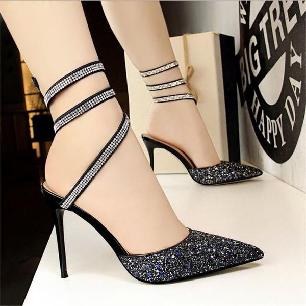 

2021 new women's fashion sequined cloth high heels shoes shallow ankle strap sandals pointed toe party woman sandals summer, Black