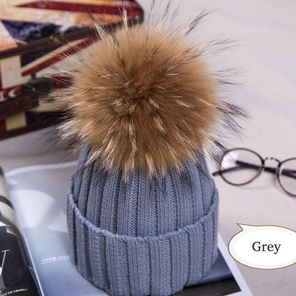 

women winter racoon fur pom pom 18cm ball knit beanie ski cap bobble hat, Blue;gray