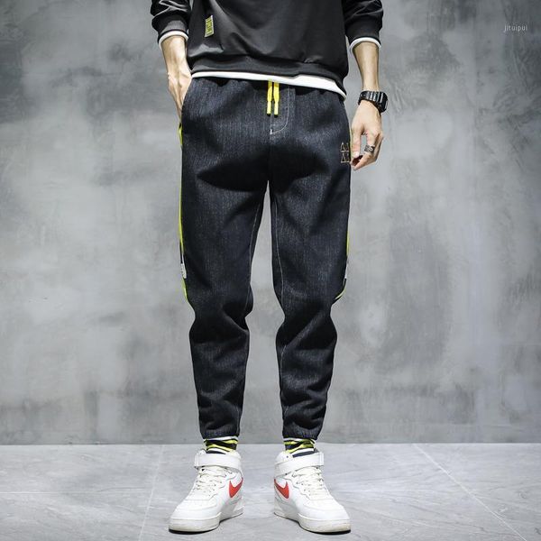 

autumn men student slim harem jeans youngster elastic waist pencil denim trousers male casual elasticity cropped leggings pants1, Blue