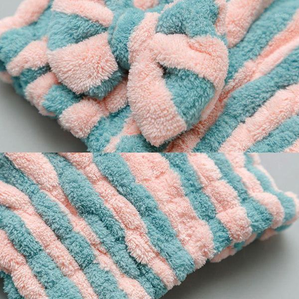 

coral velvet quick hair dry hat bowknot contrast color stripes bath towel cap x6hc1