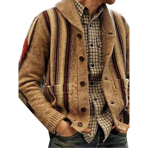 

men's jackets winter jacket mens turn-down collar single breasted pockets knitted coat male casual striped long sleeve chaquetas hombre, Black;brown
