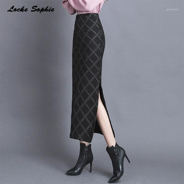 

hight waist skirts women's pencil skirts 2019 autumn cotton woollen splicing fork opening skirt ladies skinny pencil1, Black