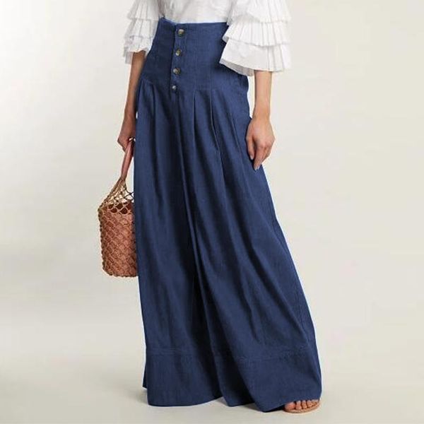 

fashion solid wide leg pants trousers for women high waist button long pants 2021 vonda female palazzo pantalon plus size, Black;white