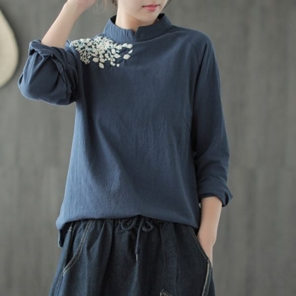 

s0cye guka clothing spring and clothest-shirt clothingnew cotton hemp h embroidered small stand collar art women's for literature 2019, White