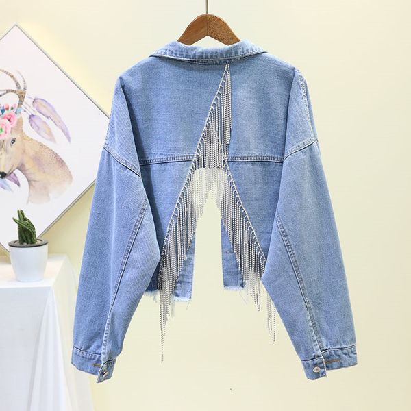 

2021 spring new women's denim korean chic loose short tassel rhinestones jacket back split jean coats outerwear y55 szsn, Black;brown