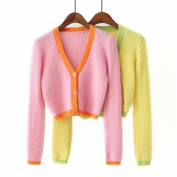 

knitted sweater women long sleeve cropped cardigan korean cute cardigan streetwear ladies button up v neck pink sweater 20201, White