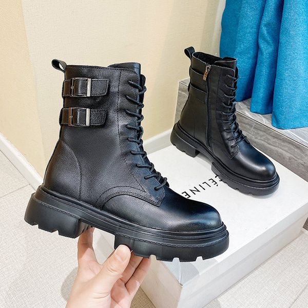 

new 2020 autumn female mid-way black tube martin women's leather boots 71xi