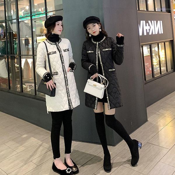 

ladies winter sweet o neck pearl button tassel splicing down cotton coat ultra light long outwear woman's solid slim warm wadded1, Black;brown