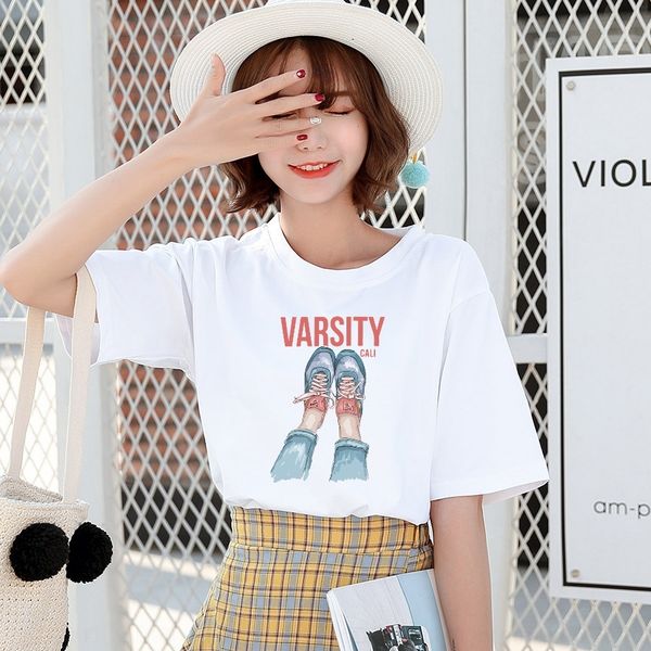 

rcc9p cotton women's print sleeve t-shirt 2020 summer korean half neck white fashion short student coat t-shirt round sleeve women&#039