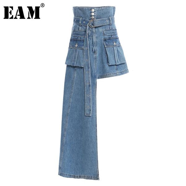 

skirts [eam] high waist blue button irregular split joint denim half-body skirt women fashion tide spring autumn 2021 1y722, Black