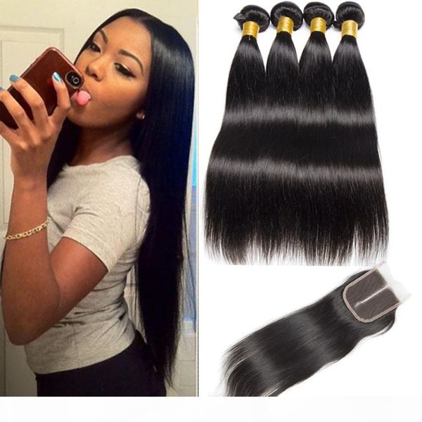 

brazilian straight hair 3 bundles with lace closure 4x4 unprocessed brazilian virgin hair with closure 100% human hair weaves extention, Black;brown